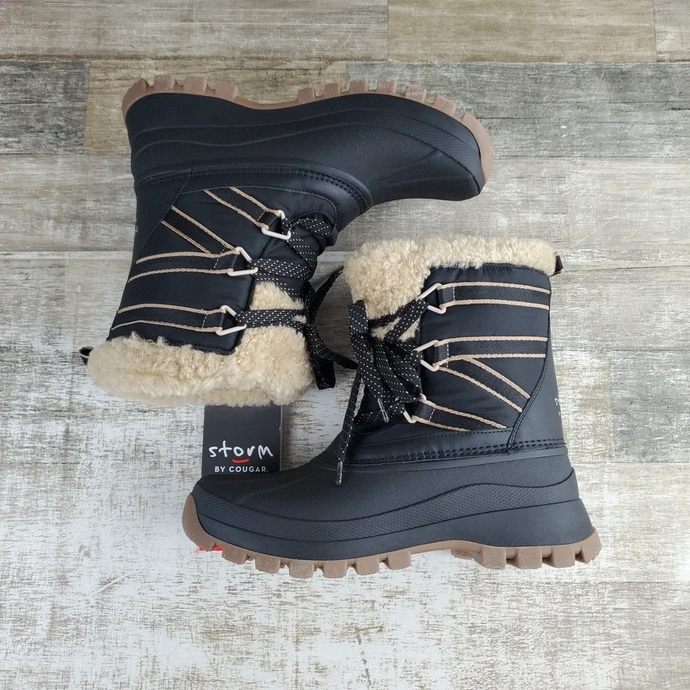 Cougar Fresno Womens Snow Boots Sz 8 Black Faux Fur Waterproof Lace Up